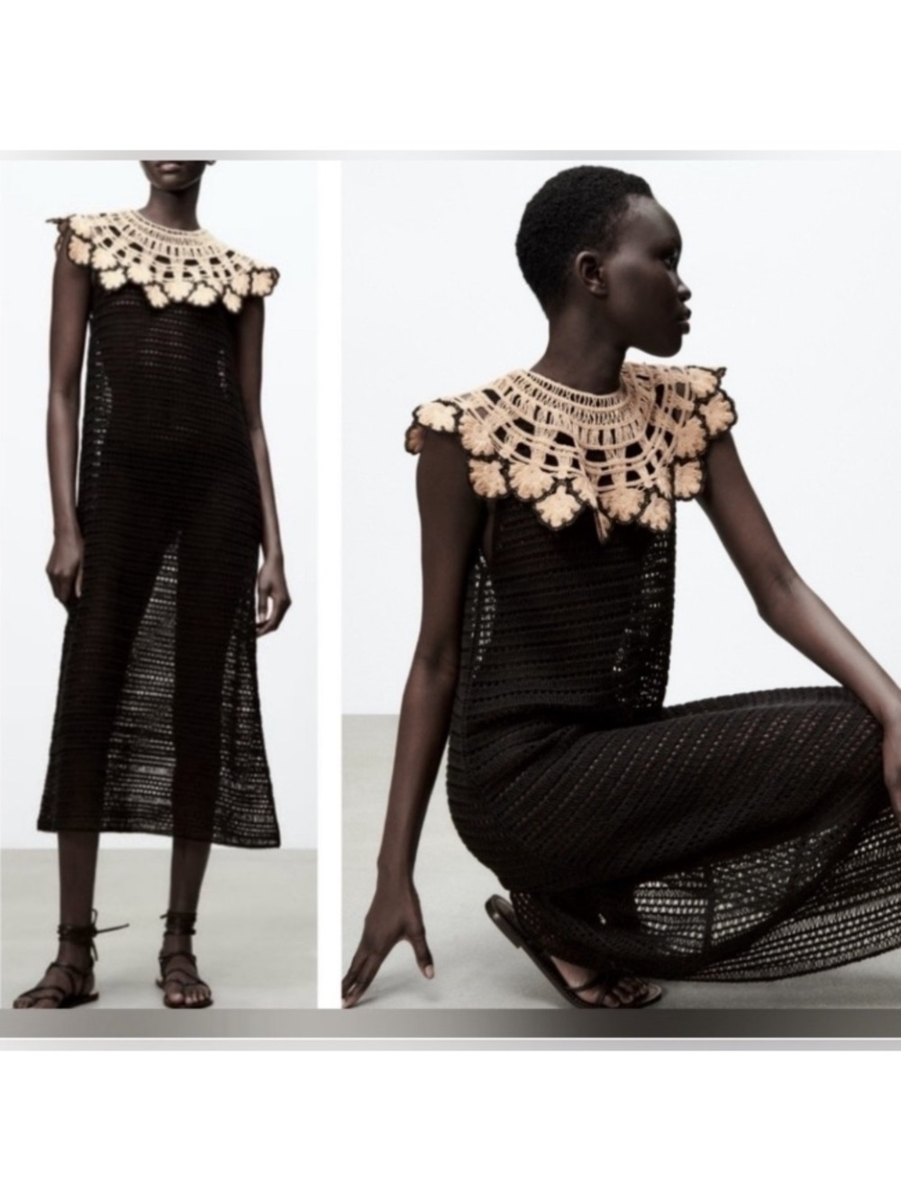 Black Crochet Midi Dress with Cream Lace Collar - worn once